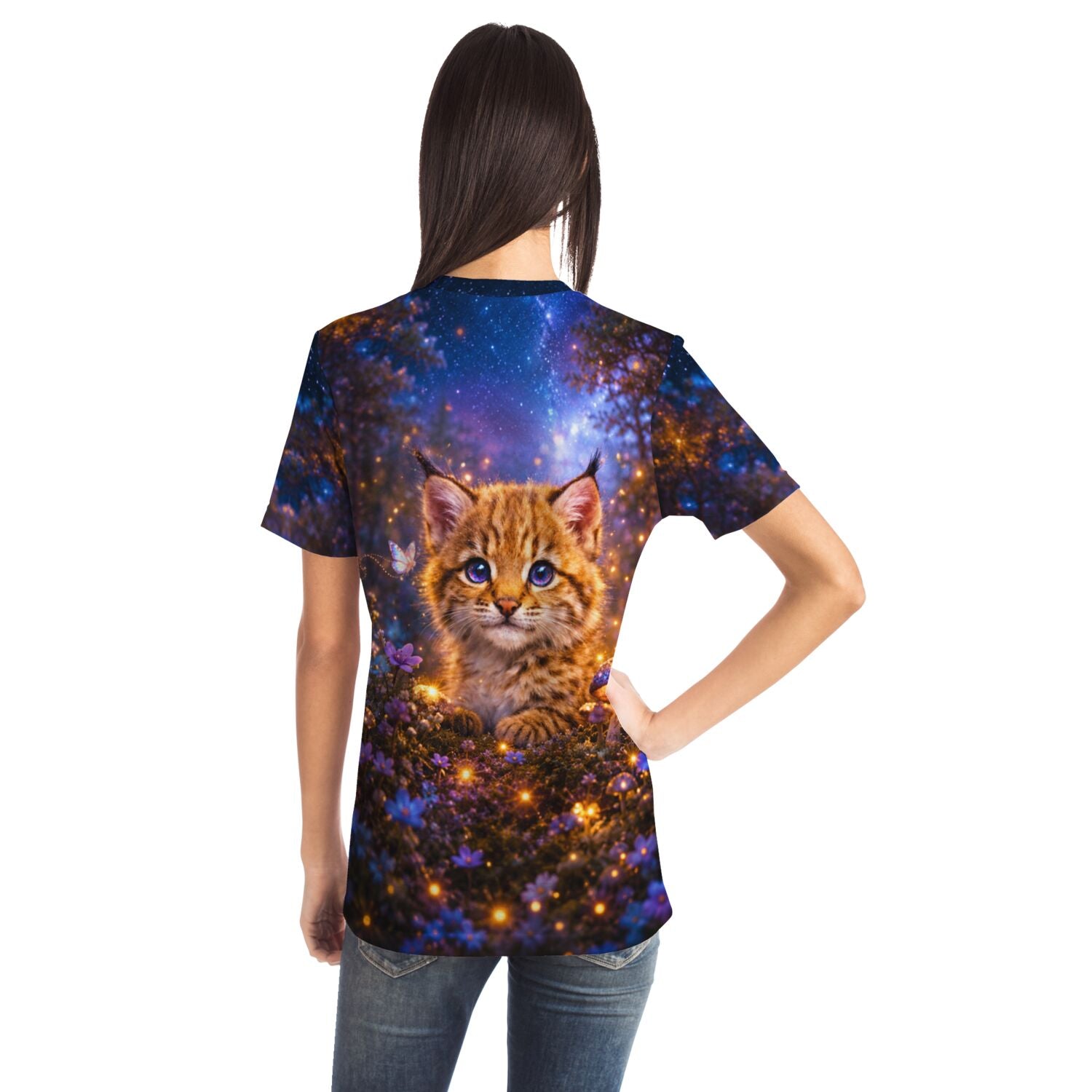Dreamer T-Shirt mit Katzenmotiv im Stil eines Diamond Painting oder Malen nach Zahlen Werkes mit Sternenhimmel und Blumen.
