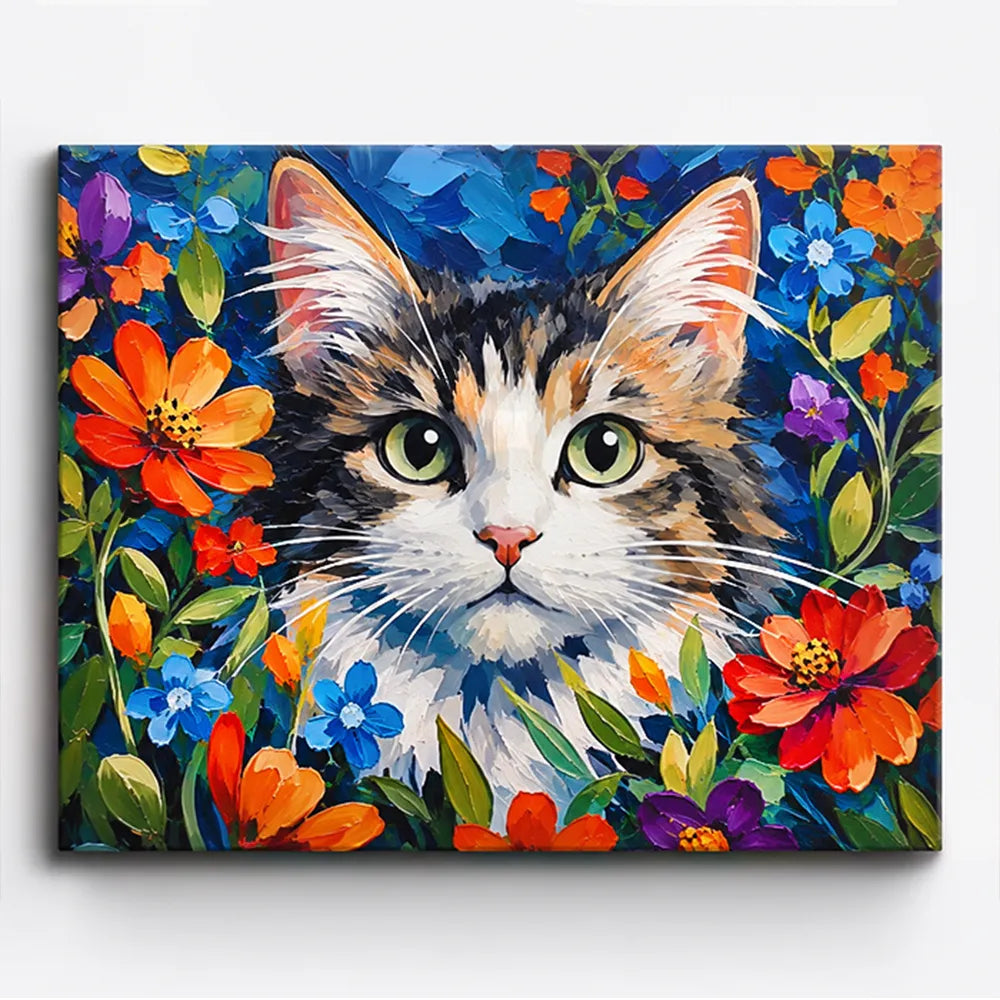 Malen nach Zahlen für Erwachsene: Katze mit grünen Augen umgeben von bunten Blumen als farbenfrohes DIY-Kunstwerk