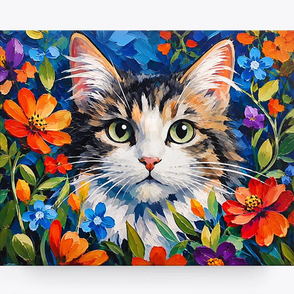 Malen nach Zahlen für Erwachsene: Katze mit grünen Augen umgeben von bunten Blumen in einem farbenfrohen Kunstwerk.