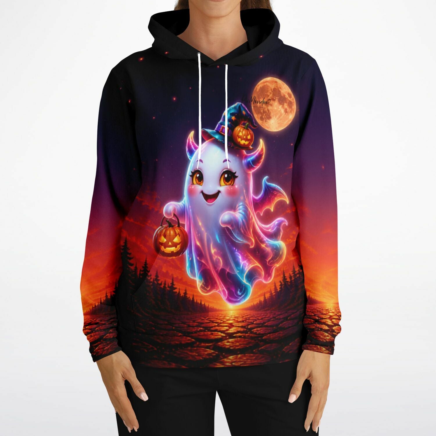 Hoodie mit süßem Geister-Motiv, Kürbissen und Vollmond, passend zum kreativen Stil unserer Diamond Painting Kollektionen.