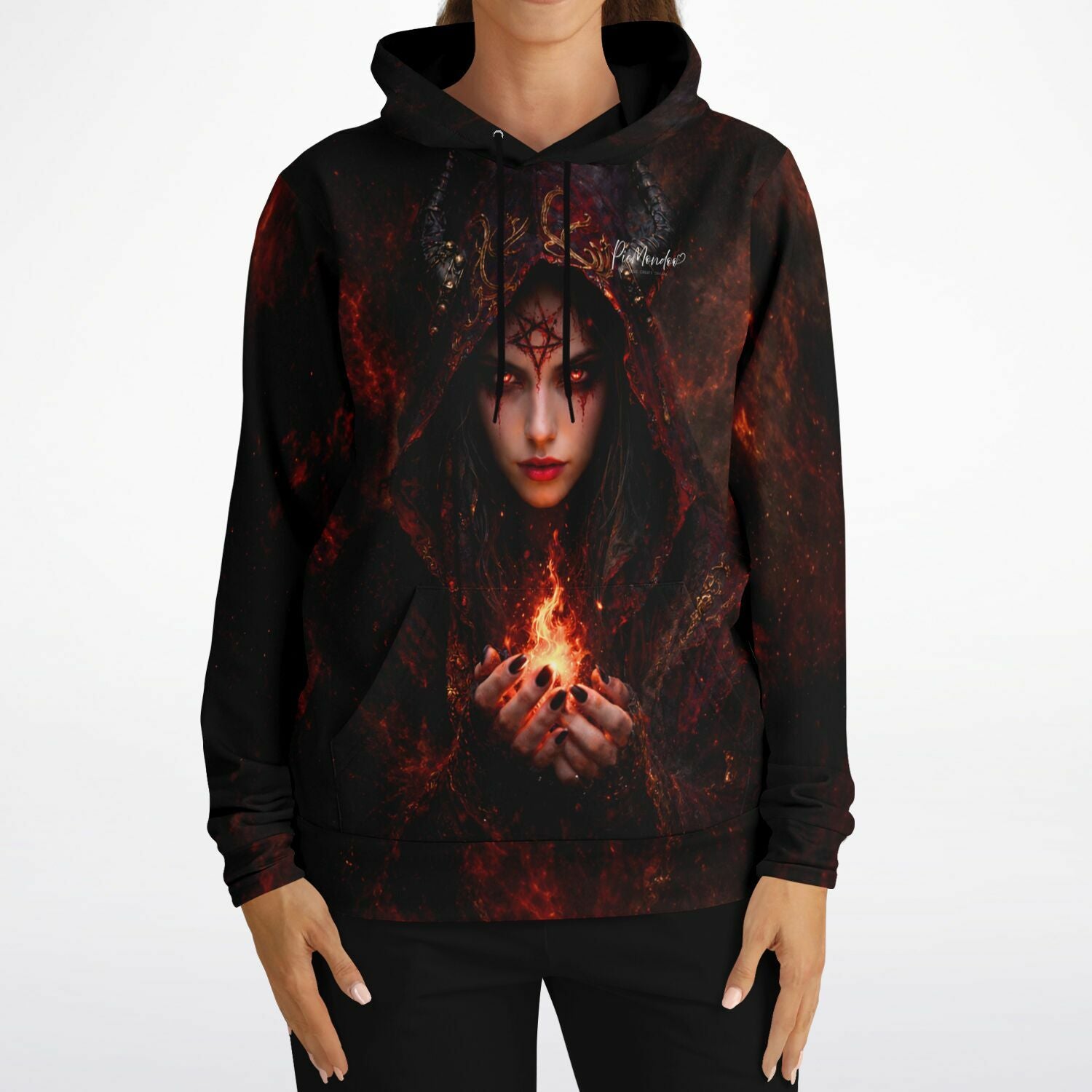 Schwarzer Picmondoo Kapuzenpullover mit Lilith-Motiv und Flammen-Design für Fans von Diamond Painting und Gothic-Art