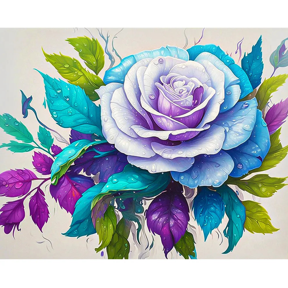 Malen nach Zahlen für Erwachsene Motiv Tautropfenzauber: blau-violette Rose mit Tautropfen und leuchtenden Blättern
