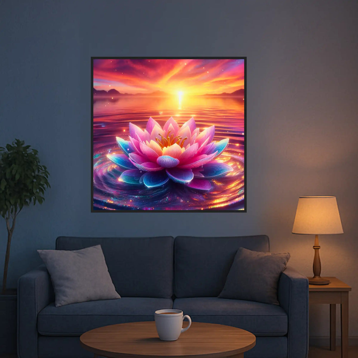 Diamond Painting Set Lotusblüte auf glitzerndem Wasser bei Sonnenuntergang als wandhängendes XXL Kunstwerk