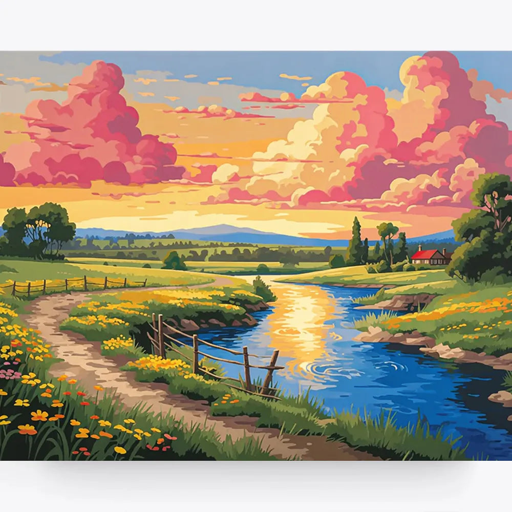 Malen nach Zahlen für Erwachsene: Landschaftsmotiv mit Fluss, blühenden Wiesen und Abendhimmel bei Picmondoo.