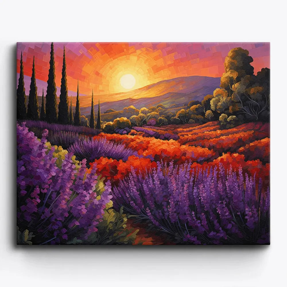 Malen nach Zahlen für Erwachsene: Provence Lavendelfelder bei Sonnenuntergang mit leuchtenden Farben und Zypressen