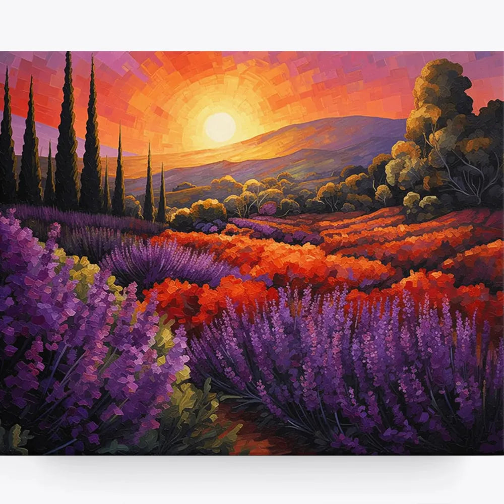 Malen nach Zahlen für Erwachsene: Lavendelfelder und Zypernbäume in der Provence bei feurigem Sonnenuntergang