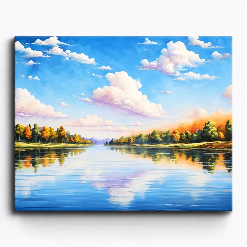 Malen nach Zahlen für Erwachsene: Landschaftsmotiv mit blauem Himmel, Wolken und spiegelndem Fluss im Herbst.