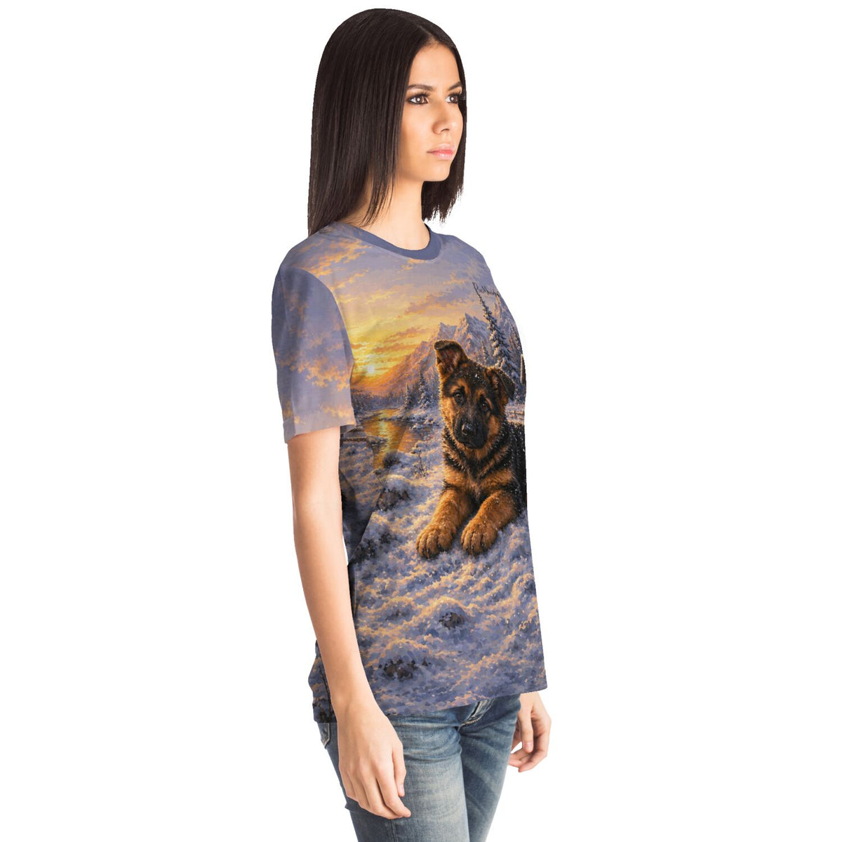 T-Shirt mit Motiv Lokis erster Winter: Schäferhund-Welpe im Schnee, inspiriert von Diamond Painting Kunstwerken