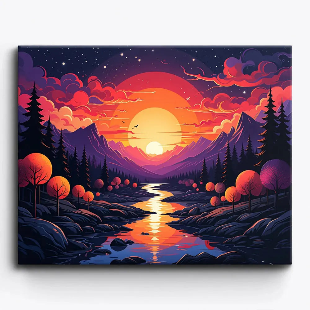 Malen nach Zahlen für Erwachsene Motiv: Im letzten Licht mit leuchtendem Sonnenuntergang, Bergen und einem glänzenden Fluss.