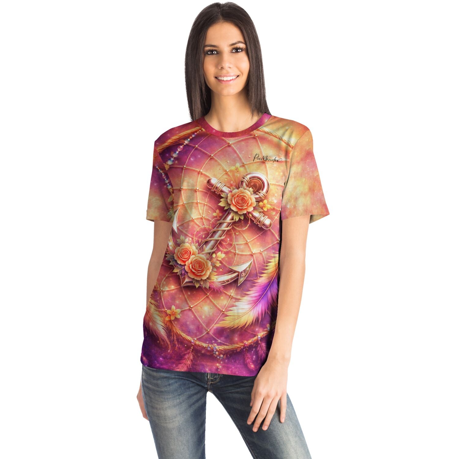 Frau trägt Dreamer T-Shirt mit buntem Anker-Motiv, inspiriert durch Diamond Painting und Malen nach Zahlen Designwelt.