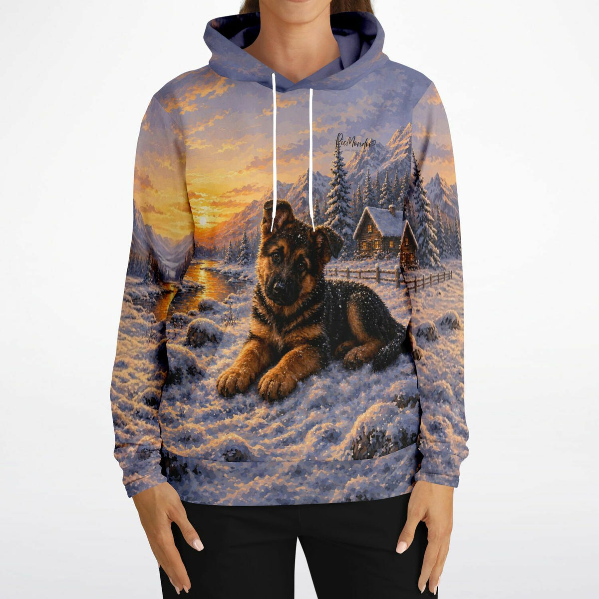 Dreamer Hoodie mit Motiv Lokis erster Winter, das einen Schäferhund im Schnee zeigt, inspiriert durch Malen nach Zahlen