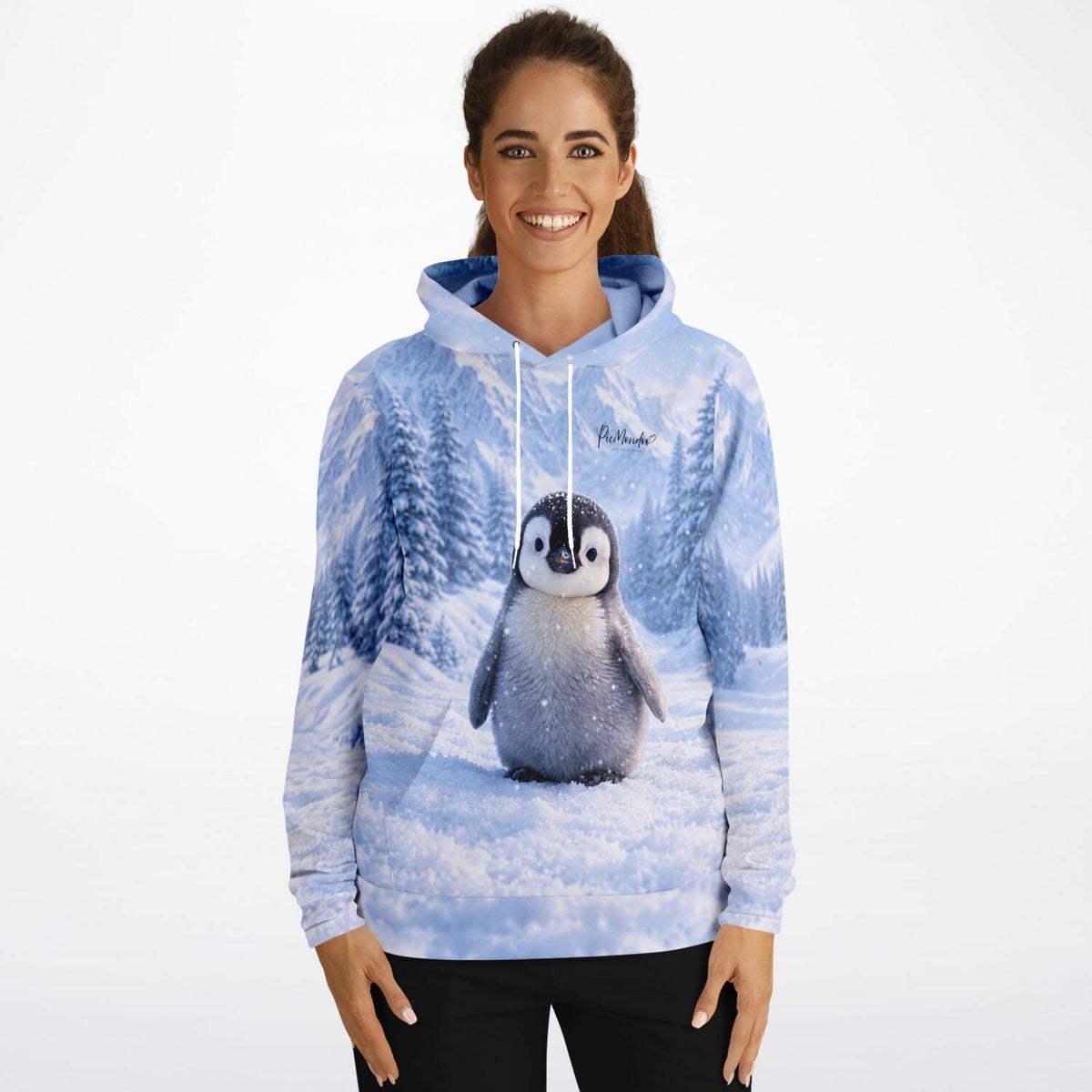 Frau trägt Hoodie mit Winterpieps Pinguin Motiv im Stil eines Diamond Painting oder Malen nach Zahlen Designs