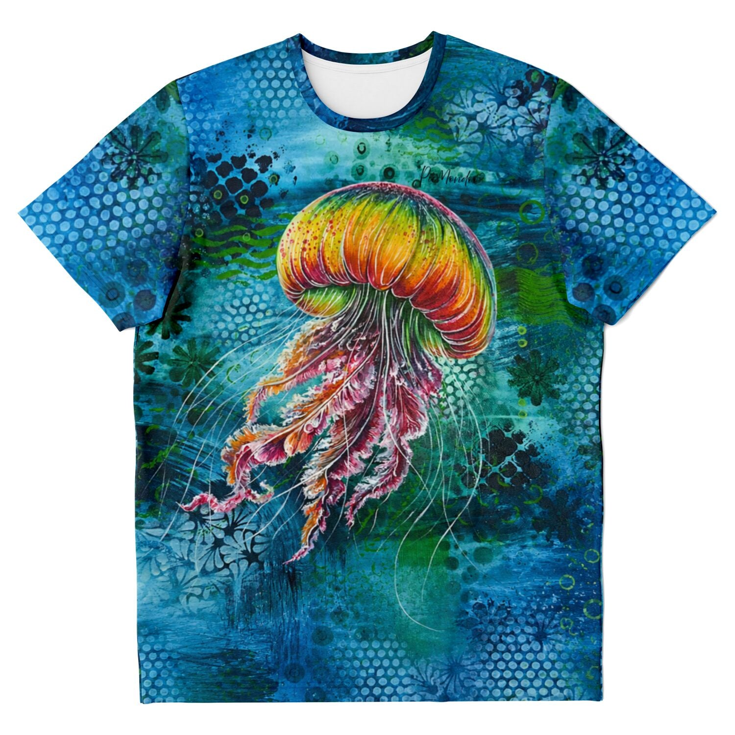 Blaues T-Shirt mit farbenfrohem Qualle-Motiv Medusa Solaris im Stil beliebter DIY Diamond Painting Kunstwerke