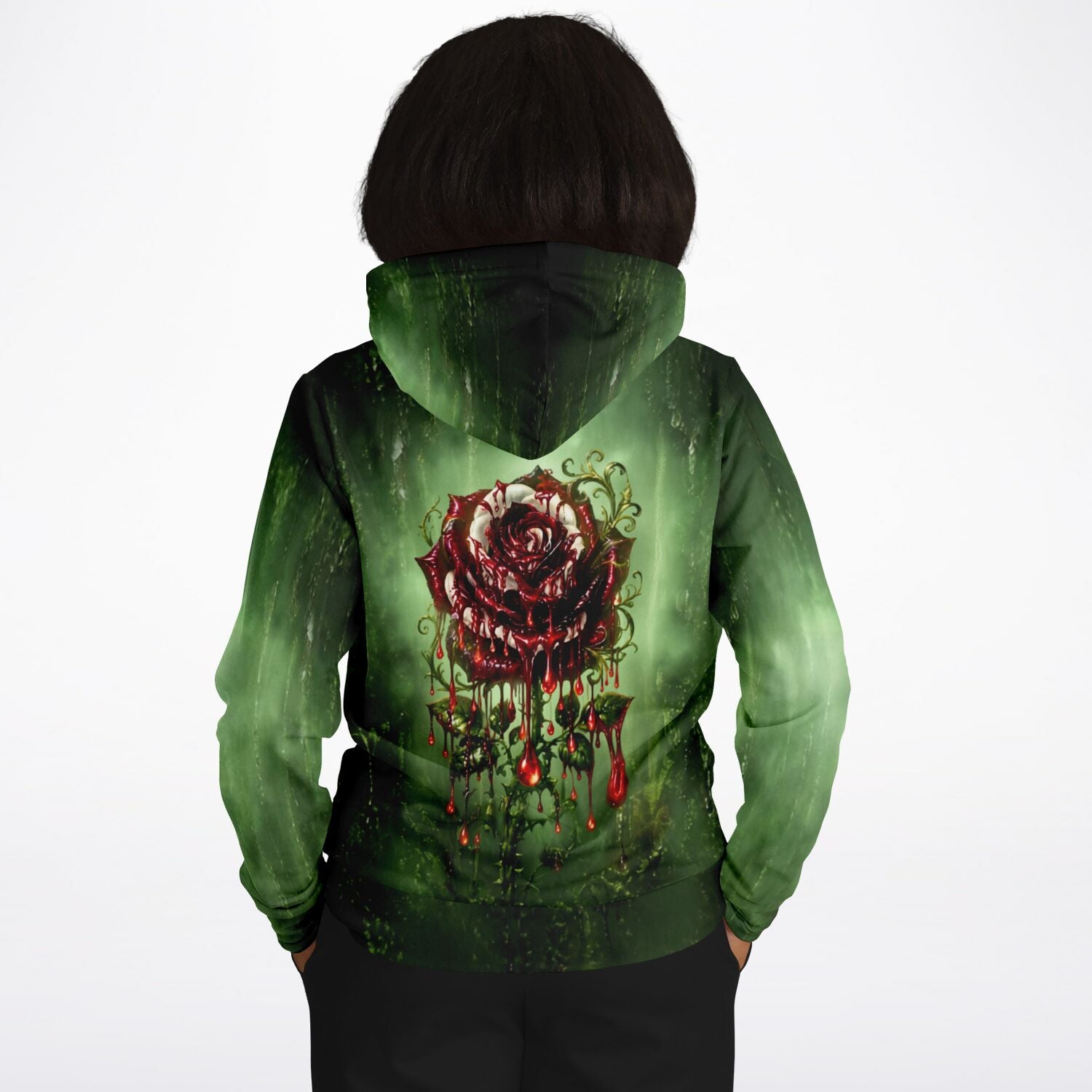 Dreamer Hoodie mit düsterem Rosen-Print in Rot und Grün, ideal für Fans von künstlerischen Motiven wie Diamond Painting.