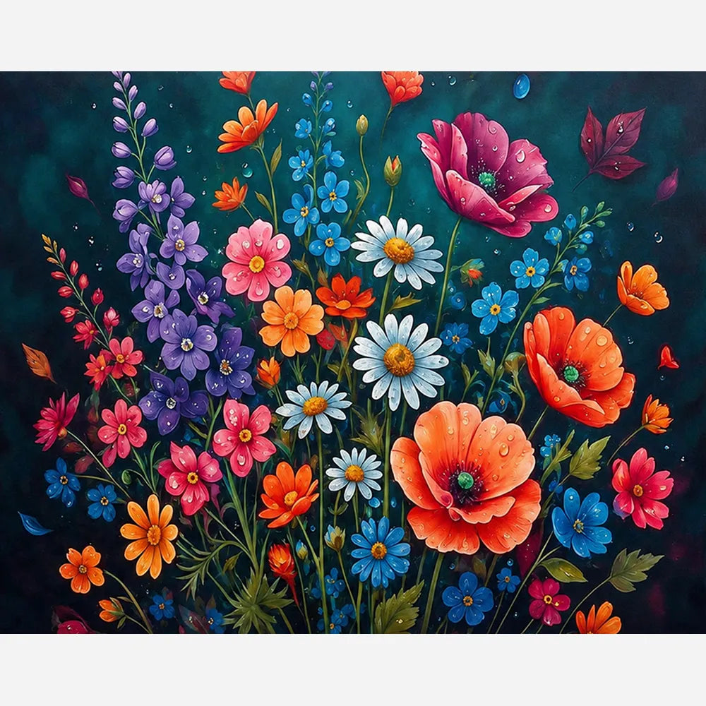 Malen nach Zahlen für Erwachsene Motiv Blütenfeuer mit bunten Mohnblumen, Margeriten und Wassertropfen auf dunklem Grund