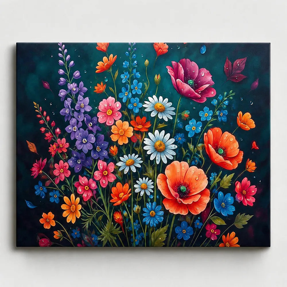 Malen nach Zahlen für Erwachsene Motiv Blütenfeuer mit bunten Wildblumen und Mohnblumen auf dunkelblauem Hintergrund
