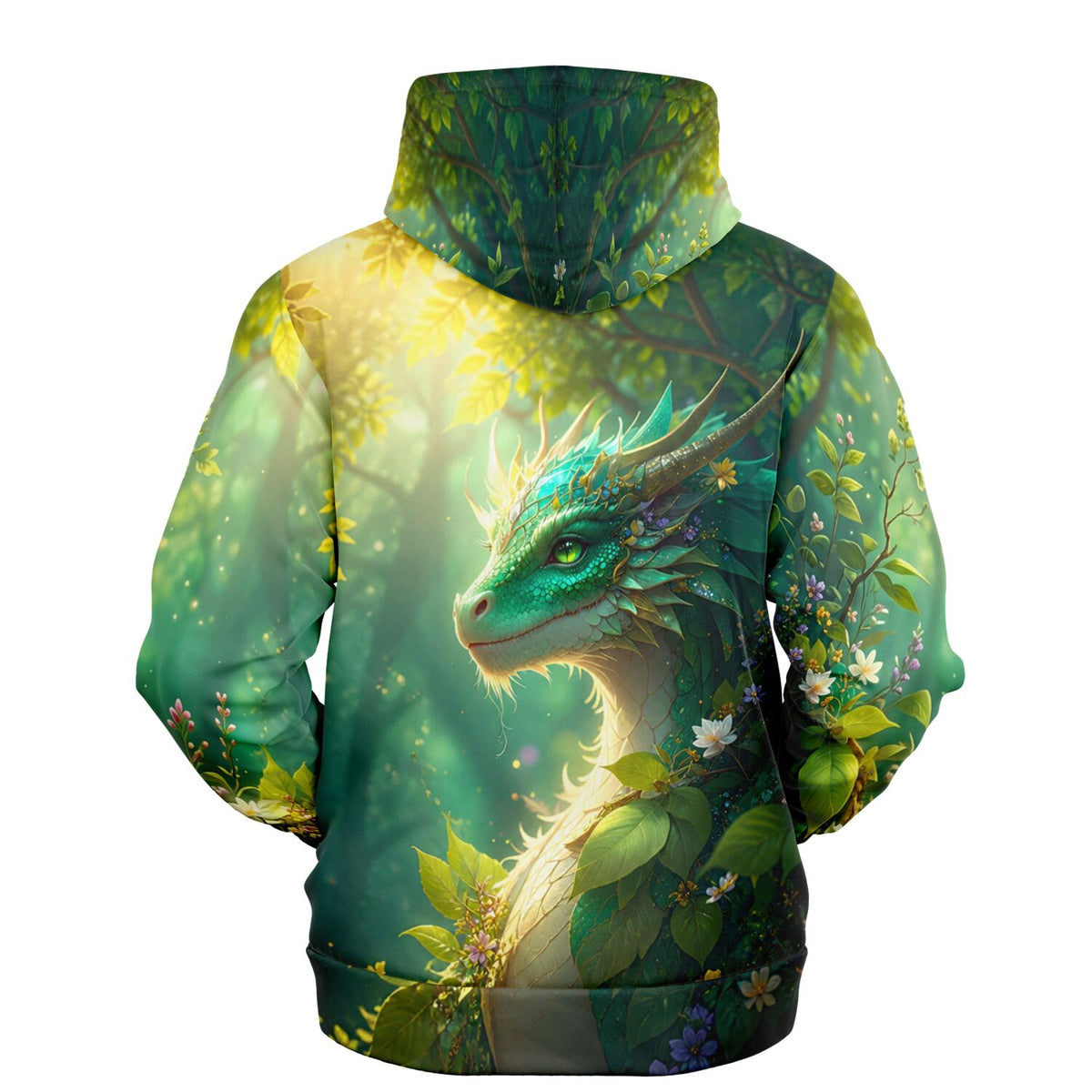 Dreamer Hoodie mit grünem Drachenmotiv im Märchenwald, passend zum Stil von Diamond Painting und Malen nach Zahlen