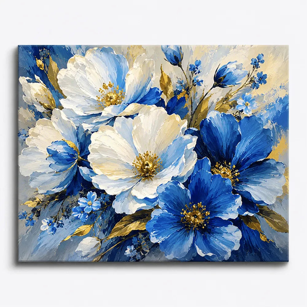 Malen nach Zahlen für Erwachsene: Blumenstrauß mit blauen und weißen Blüten sowie goldenen Akzenten auf Leinwand.