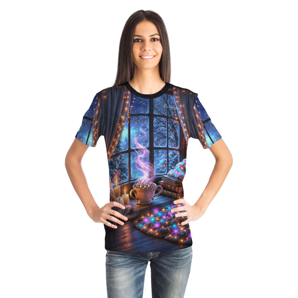 Frau trägt Dreamer T-Shirt mit weihnachtlichem Fenster-Motiv, perfekt für Fans von Malen nach Zahlen und Diamond Painting