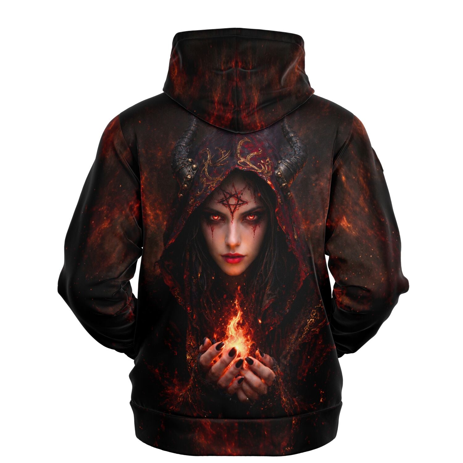 Dreamer Hoodie Lilith mit Feuer-Design, perfekt für Fans von Diamond Painting und düsterer Gothic-Kunst.