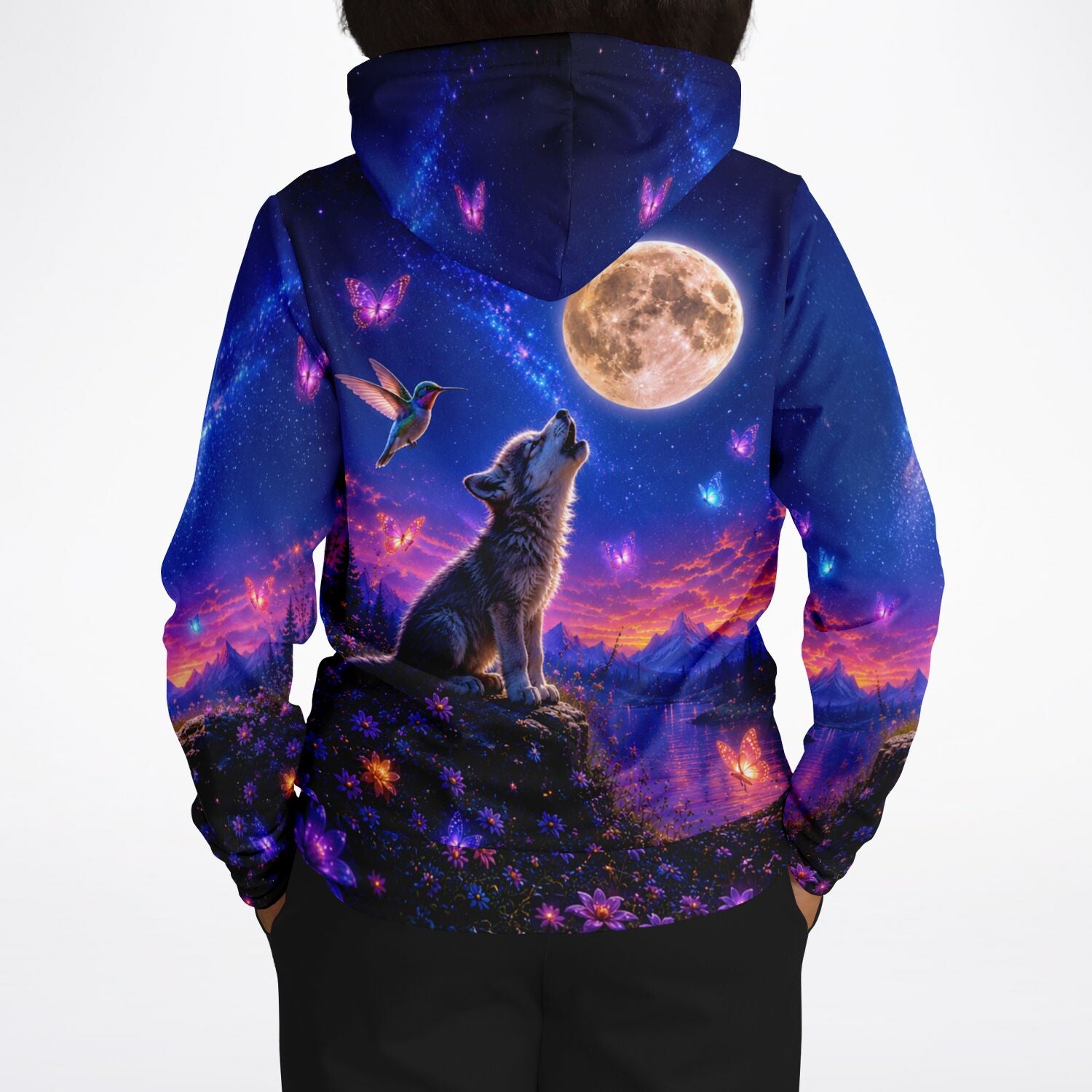 Dreamer Hoodie mit Wolf, Mond und Schmetterlingen im Stil von Diamond Painting Motiven für Erwachsene