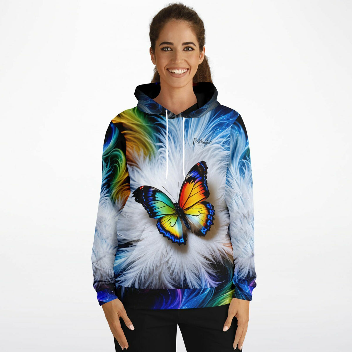 Frau trägt Dreamer Hoodie mit buntem Schmetterling und Federmotiv im Stil beliebter Diamond Painting Kunstwerke