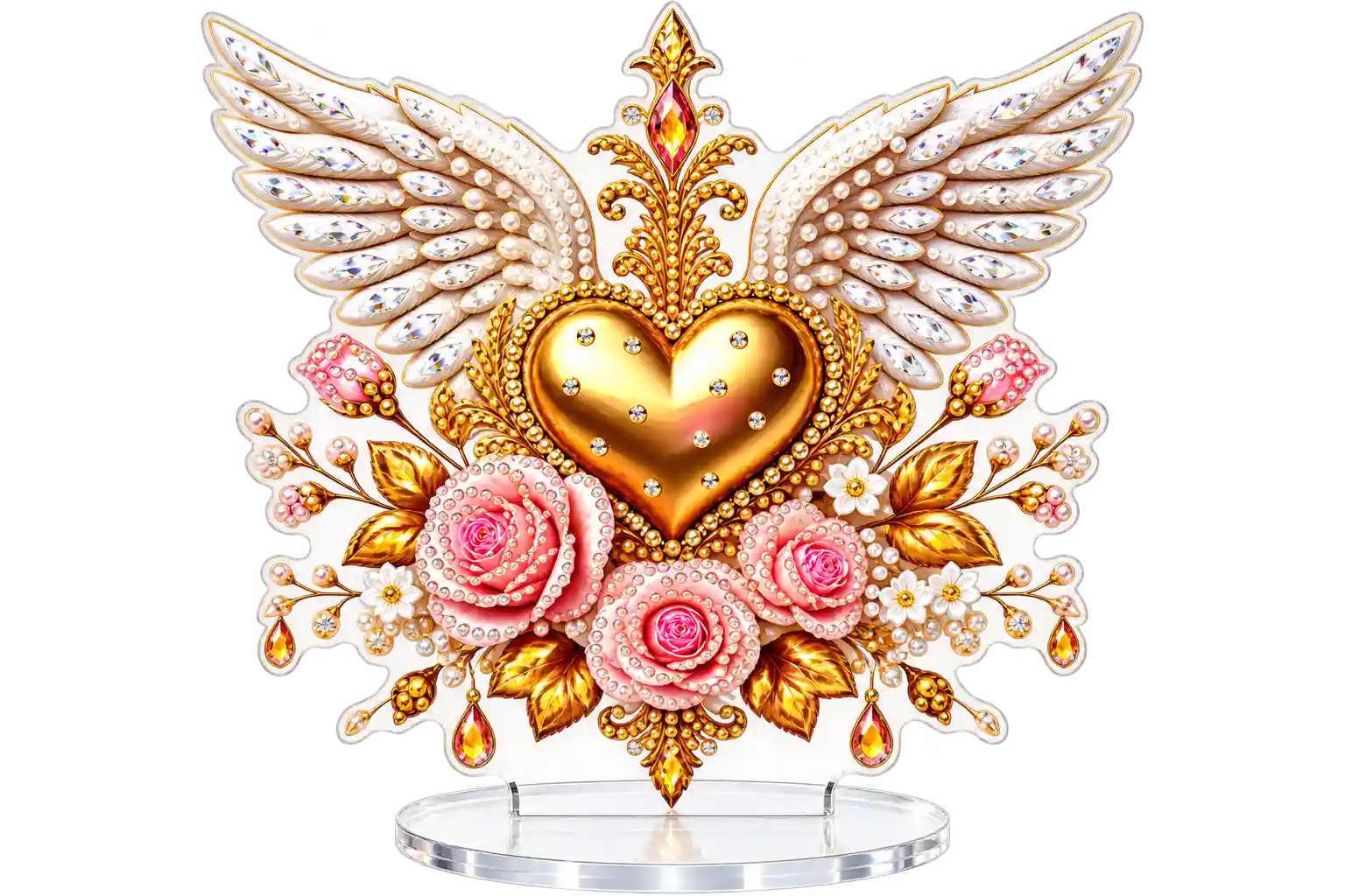Diamond Painting Aufsteller Herz mit Engelsflügeln und Rosen, verziert mit glitzernden Steinen für kreatives DIY-Basteln