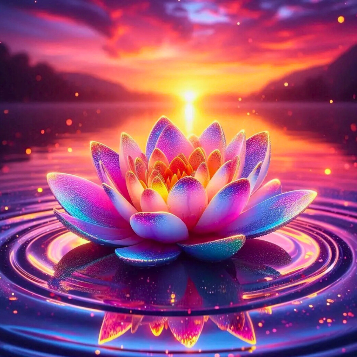 Diamond Painting Set Hoffnung der Natur: leuchtende Lotusblüte auf Wasser mit funkelnden Diamanten bei Sonnenuntergang.