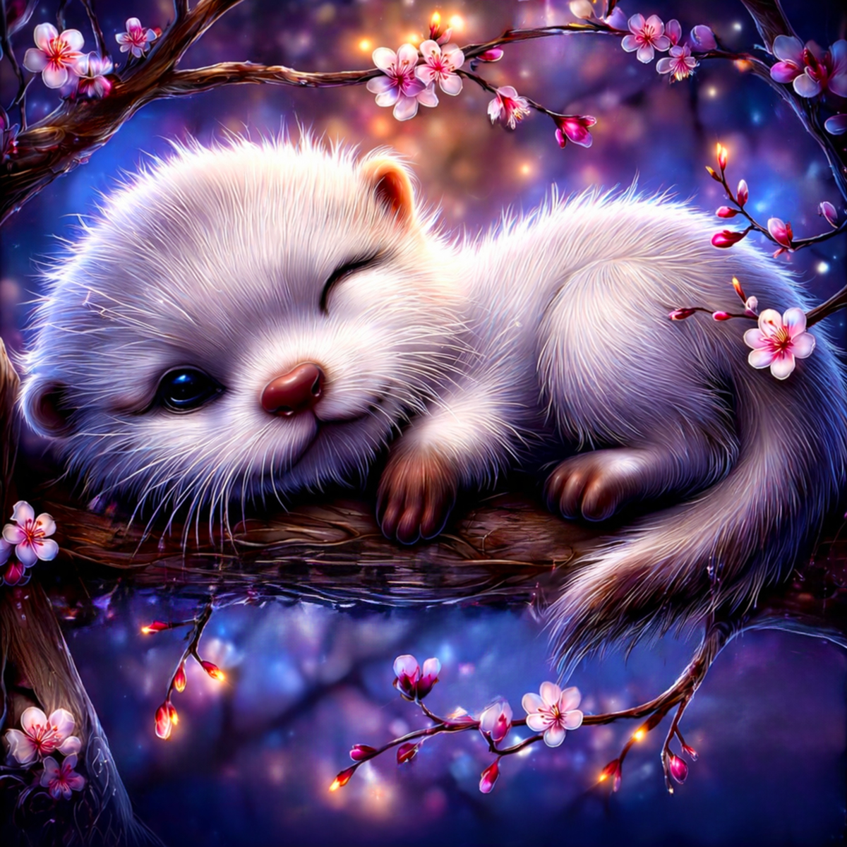 Diamond Painting Set Frühlingsnacht mit einem kuscheligen, schlafenden Tier auf blühendem Baum in magischen Farben.