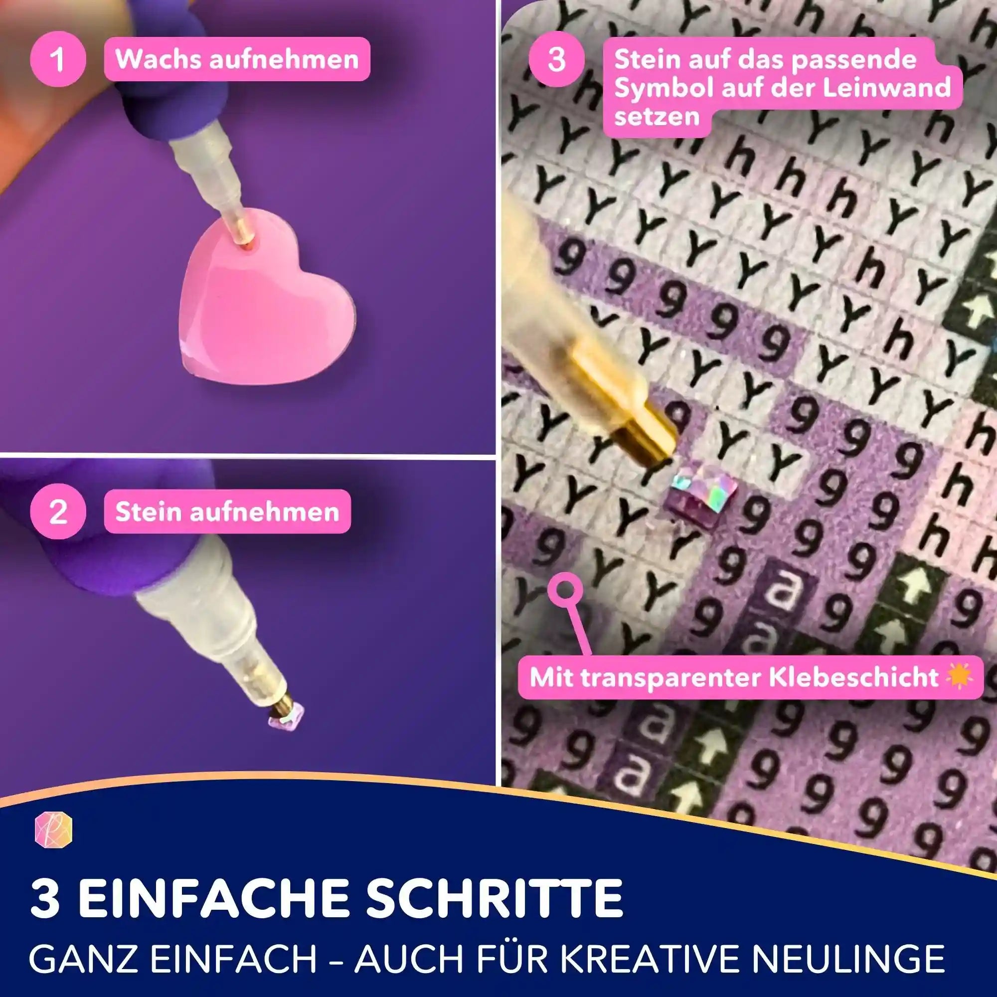 Anleitung für Diamond Painting: So nimmst du Wachs und Steine auf und setzt sie auf die klebende Leinwand.