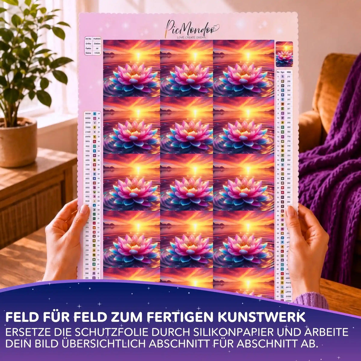 Diamond Painting Silikonpapier-Set Blüte zwischen den Welten auf Leinwand mit Lotusblüte