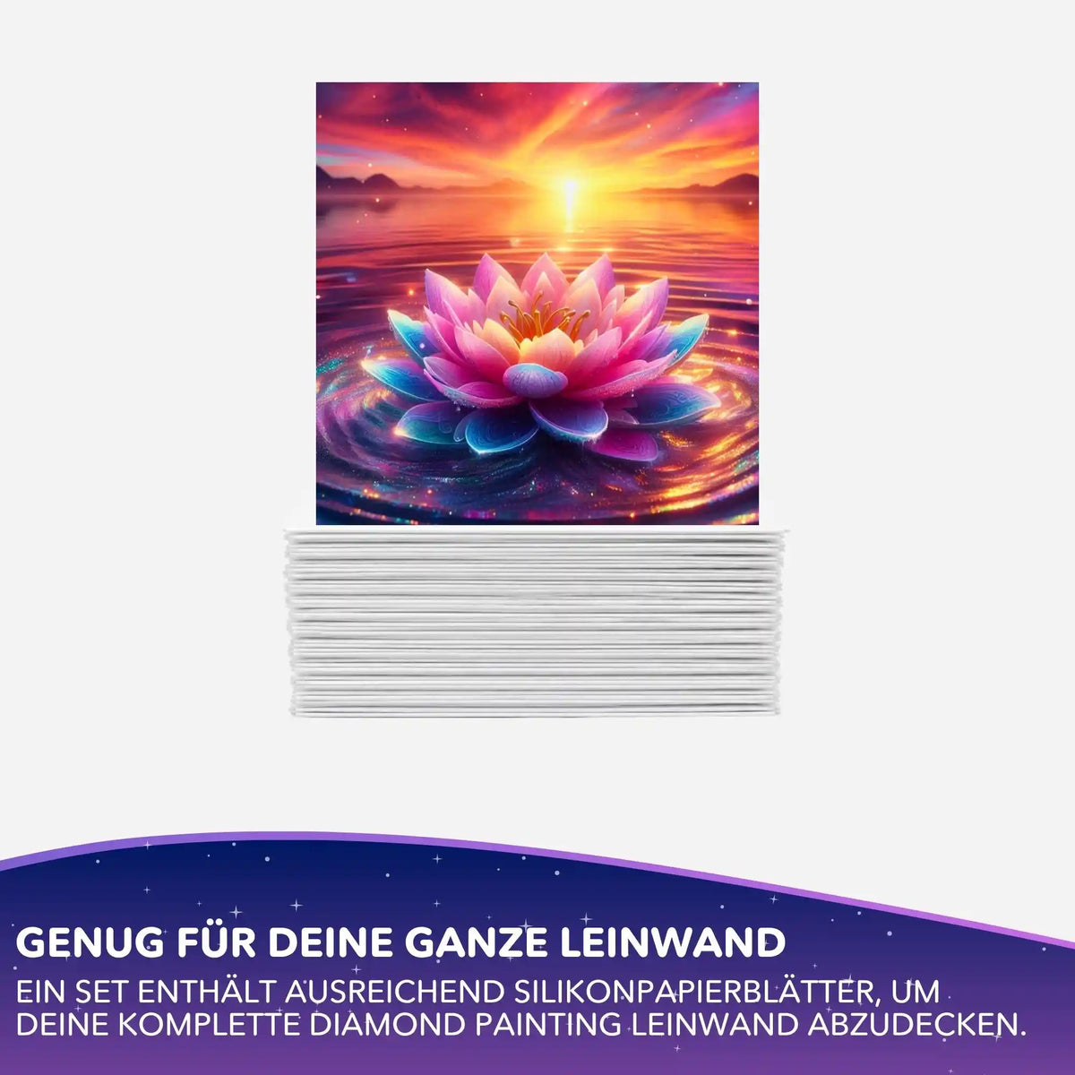 Diamond Painting Silikonpapier Set Blüte zwischen den Welten mit Lotusblüten-Motiv für Leinwand-Abdeckung