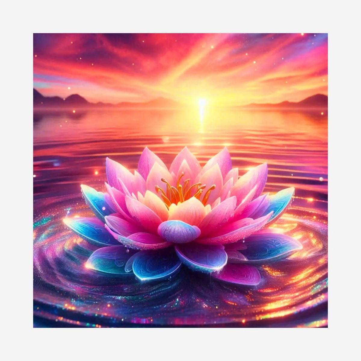 Diamond Painting Silikonpapier Blüte zwischen den Welten: Leuchtende Lotusblüte auf glitzerndem Wasser im Sonnenuntergang.