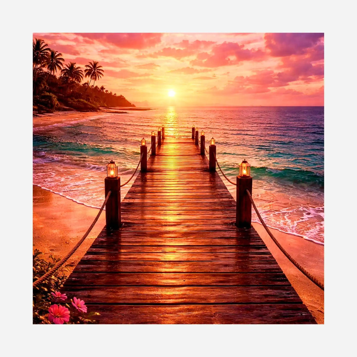 Diamond Painting Motiv: Holzsteg mit Laternen am Strand bei tropischem Sonnenuntergang.