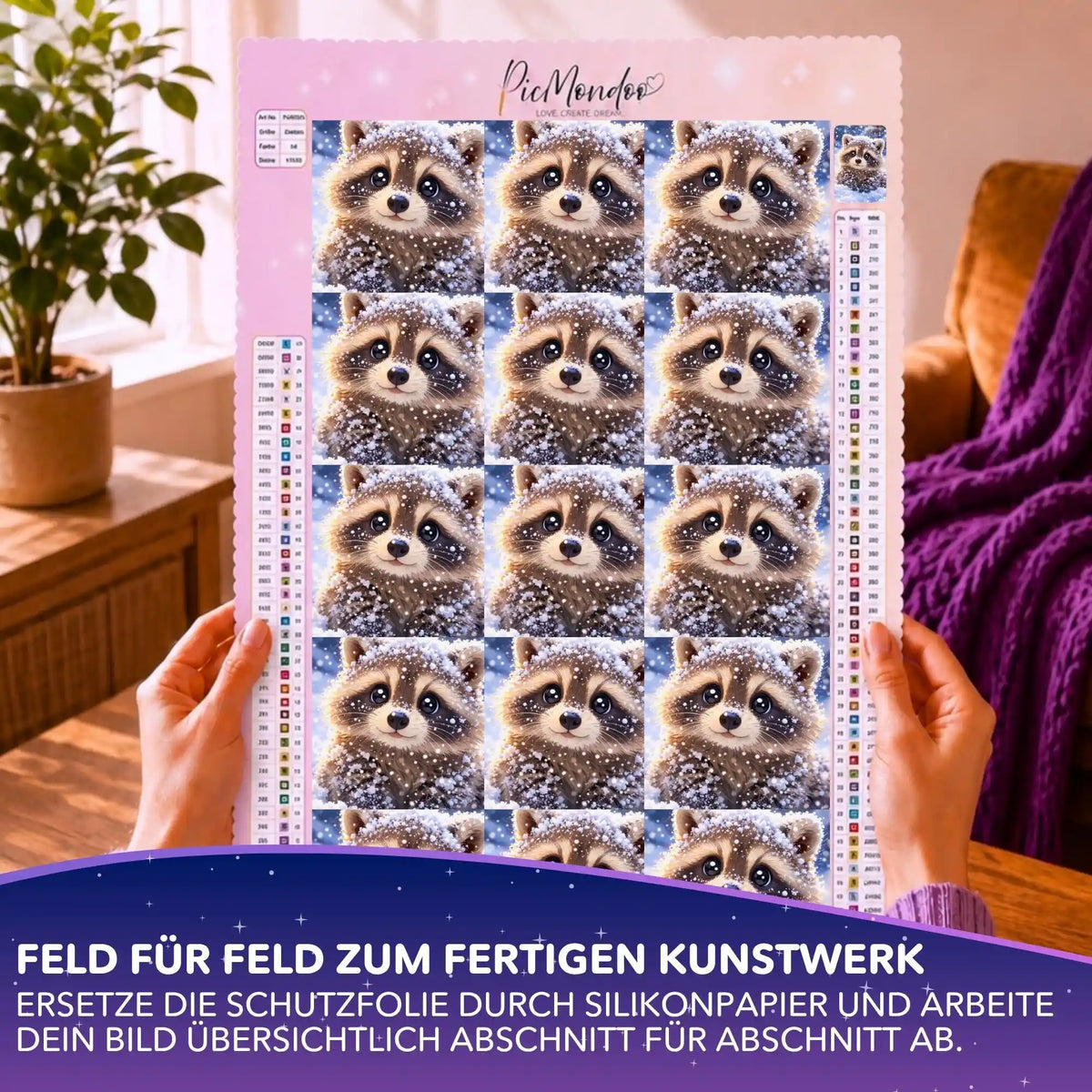 Silikonpapier-Set Nivali mit süßem Waschbären zur Einteilung einer Diamond Painting Leinwand