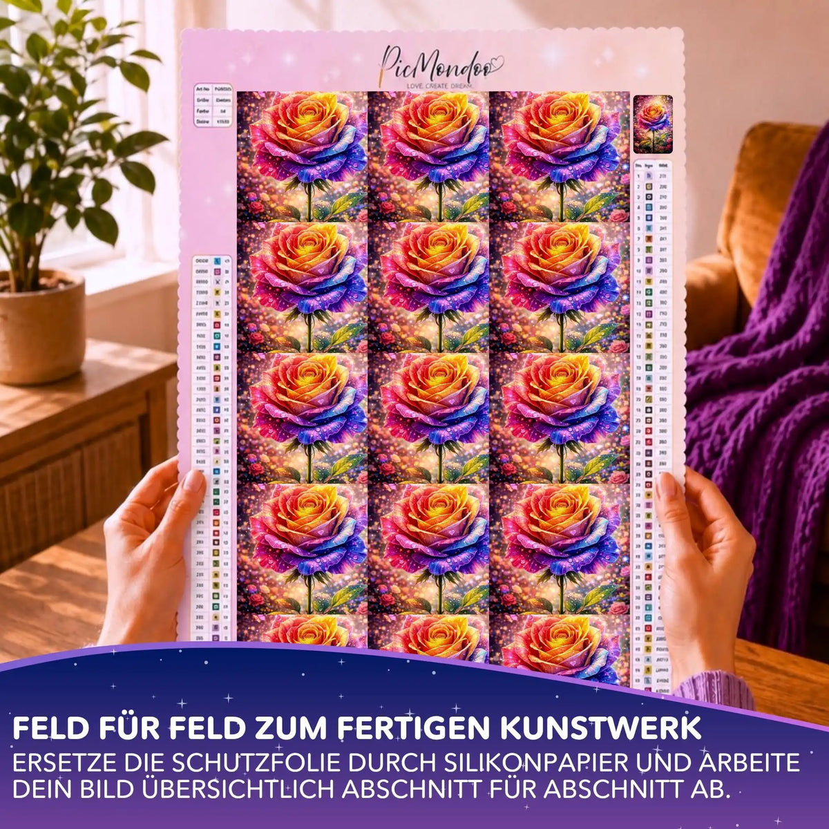 Silikonpapier-Set für Diamond Painting mit bunten Rosen zur Einteilung der Leinwand