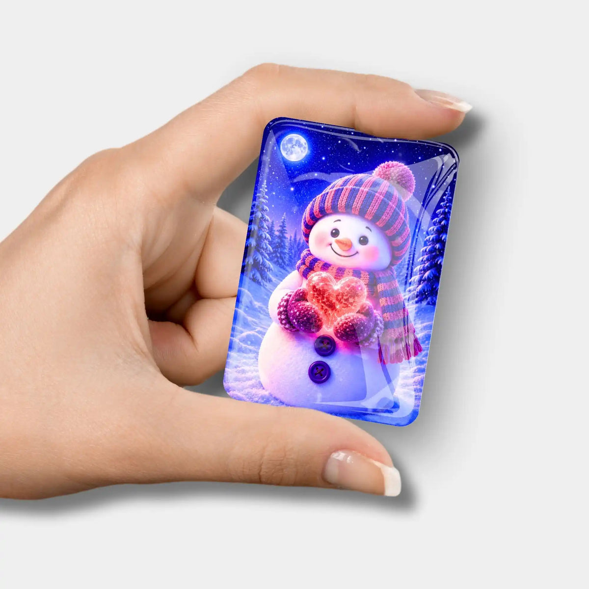 Diamond Painting Cover Minder Winterherz: Glas-Magnet mit Schneemann und leuchtendem Herz in der Hand