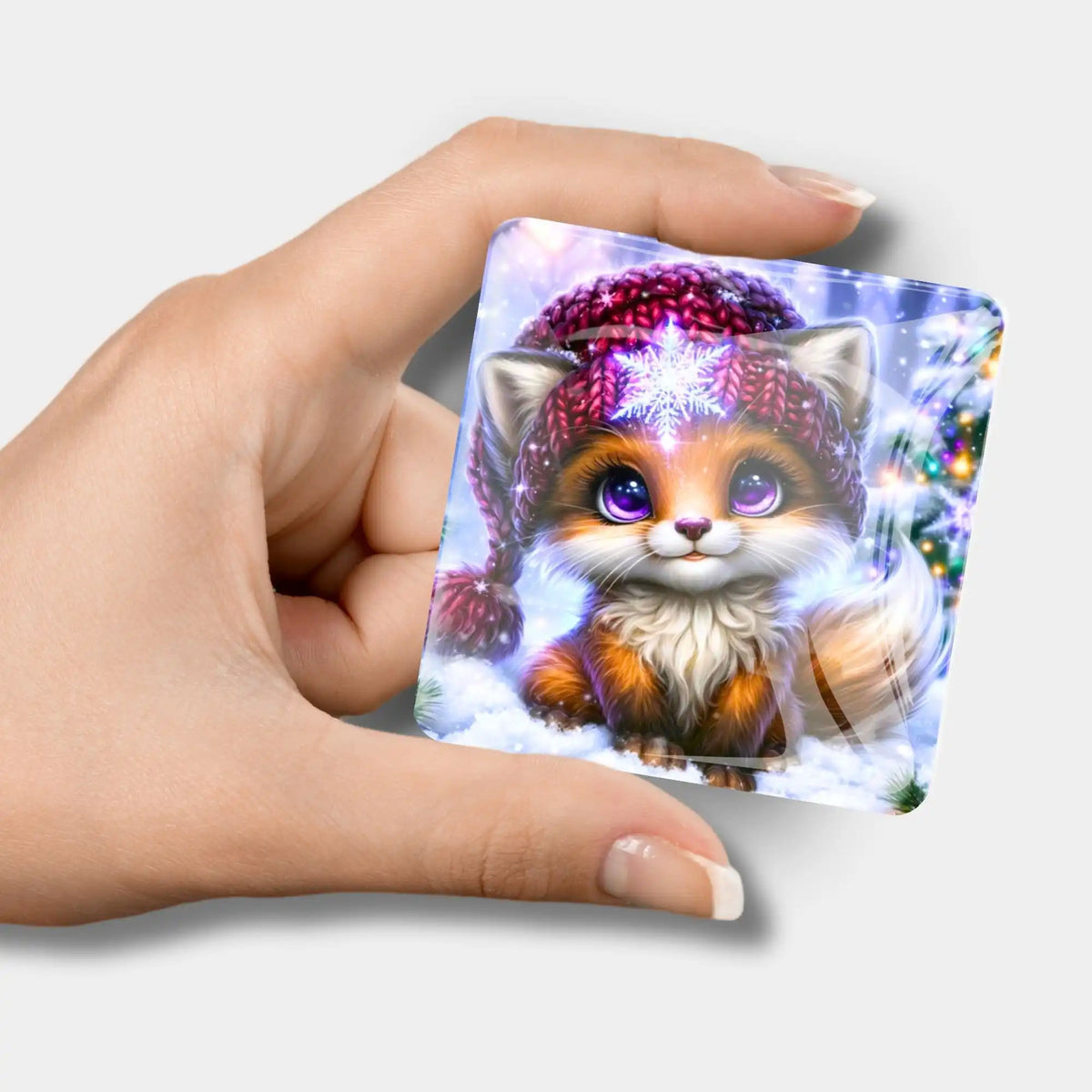 Diamond Painting Cover Minder Kleiner Winterzauber: Quadratischer Glasmagnet mit süßem Fuchs im Schnee