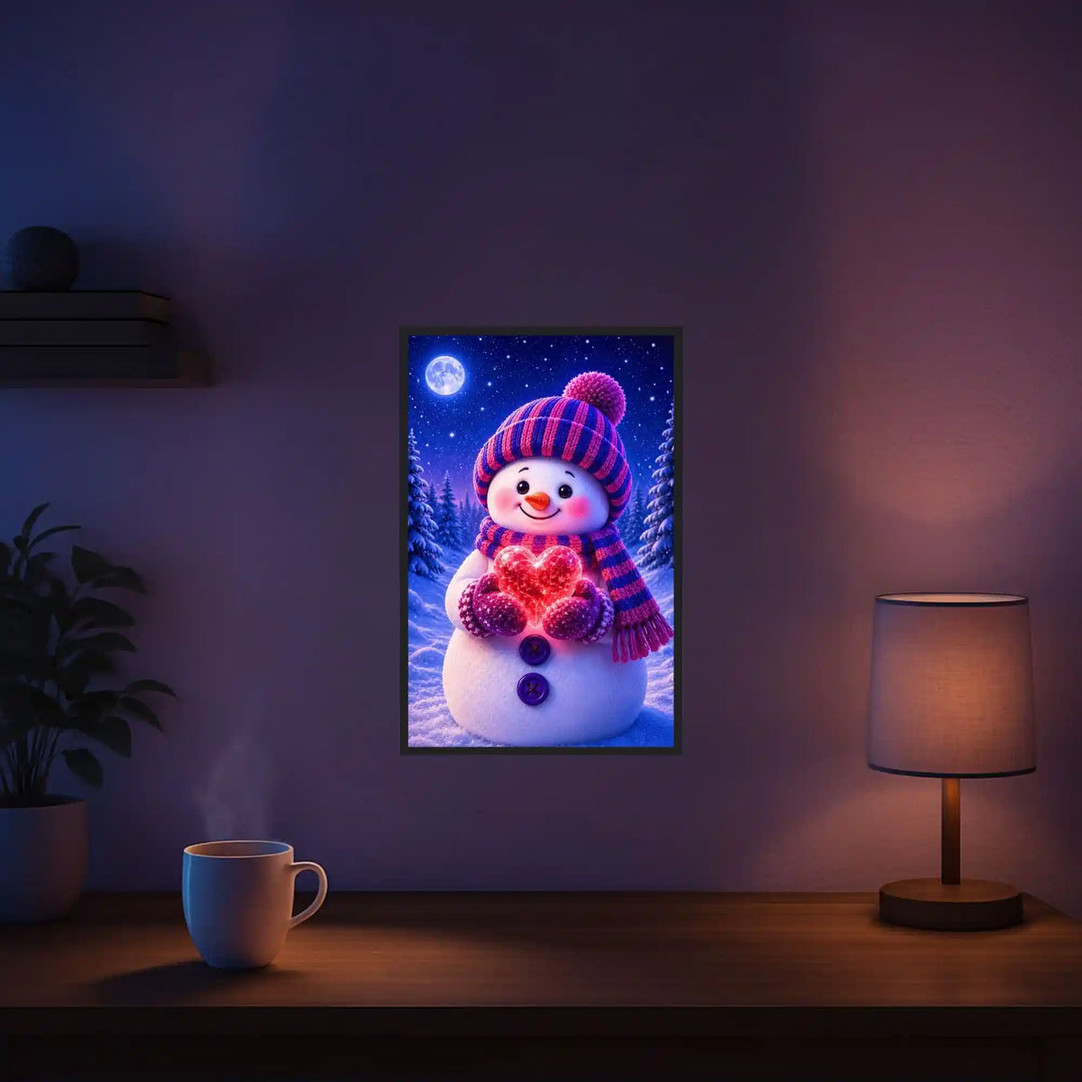 Diamond Painting Winterherz: Schneemann mit leuchtendem Kristallherz und Strickmütze in verschneiter Winterlandschaft