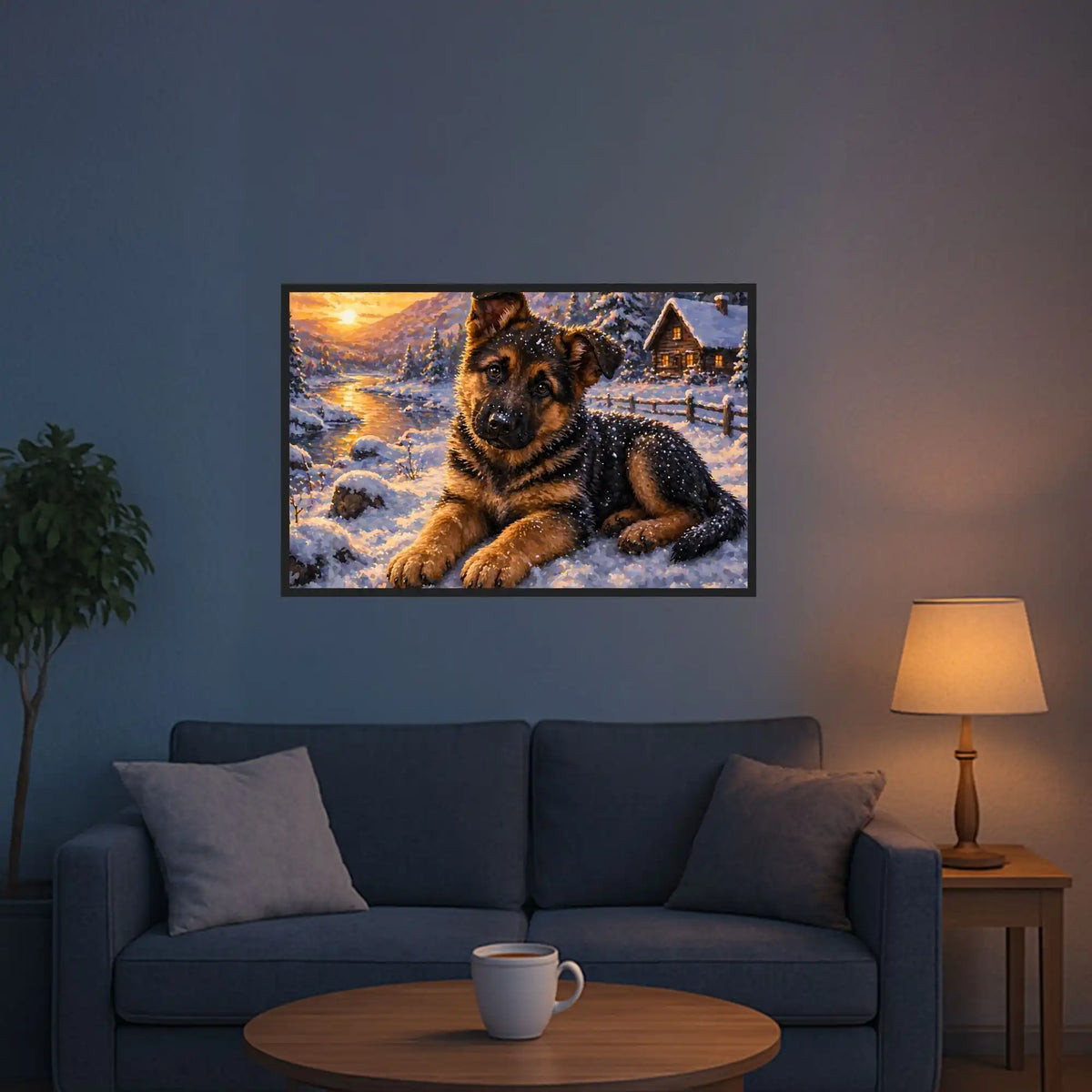 Diamond Painting Bild: Süßer Schäferhundwelpe im Schnee vor Berghütte in winterlicher Landschaft