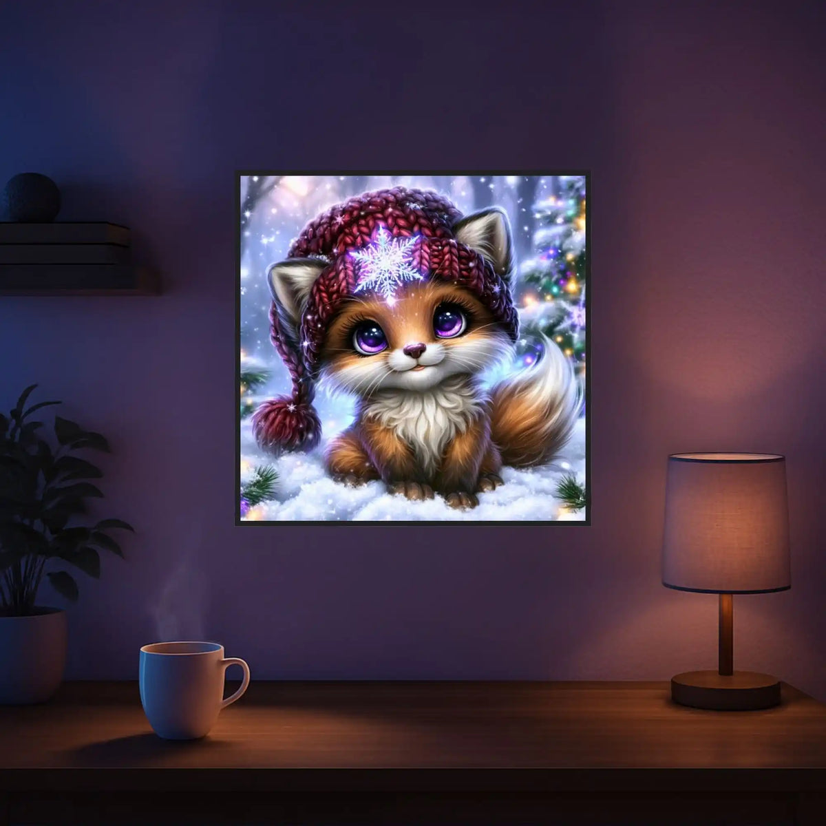 Diamond Painting Kleiner Winterzauber: Niedlicher Baby-Fuchs mit Strickmütze im Schnee.