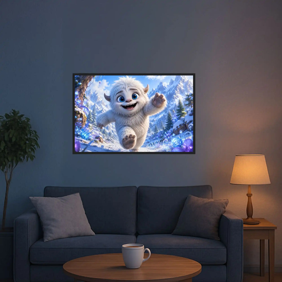 Gerahmtes Diamond Painting Bild: Süßer Yeti läuft durch verschneite Winterlandschaft mit Bergen und Fichten.