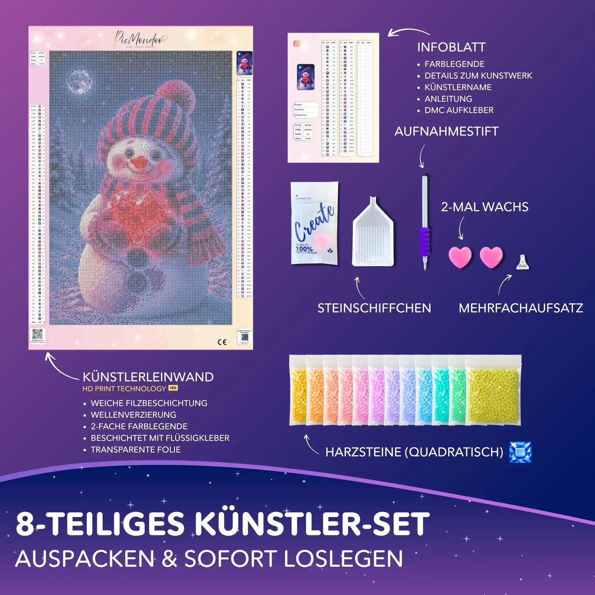 Diamond Painting Set Winterherz mit Schneemann-Leinwand, Werkzeug und quadratischen Steinen.
