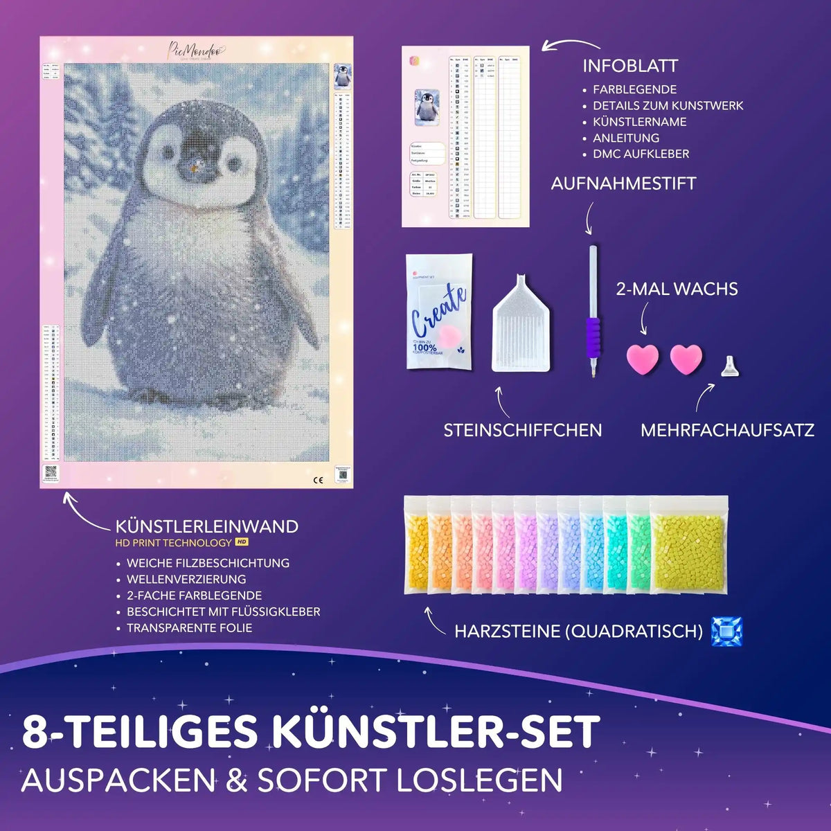Diamond Painting Set Winterpieps: Babypinguin auf Leinwand mit quadratischen Steinen und Bastel-Zubehör