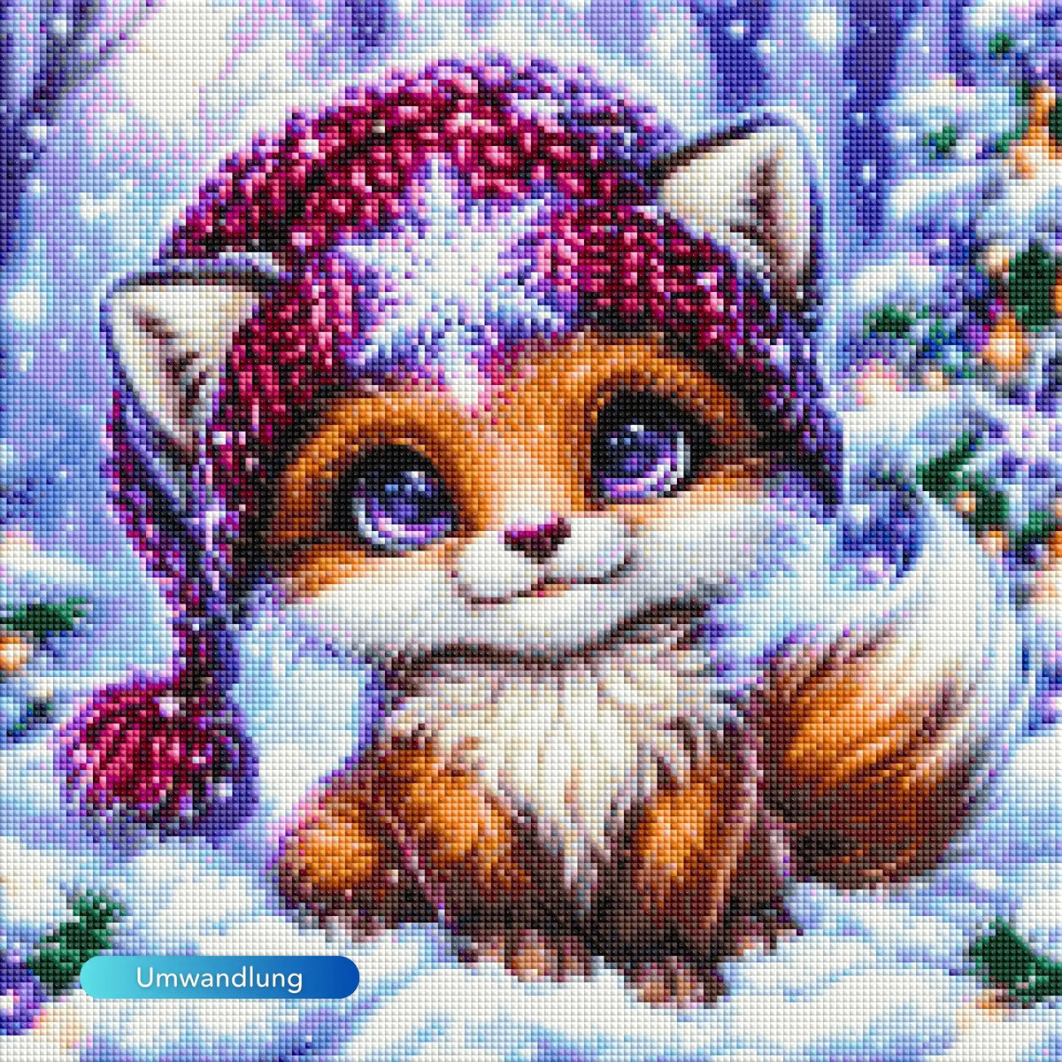Diamond Painting: Niedliches Fuchsbaby mit lila Wintermütze im Schnee – funkelndes Wintermotiv