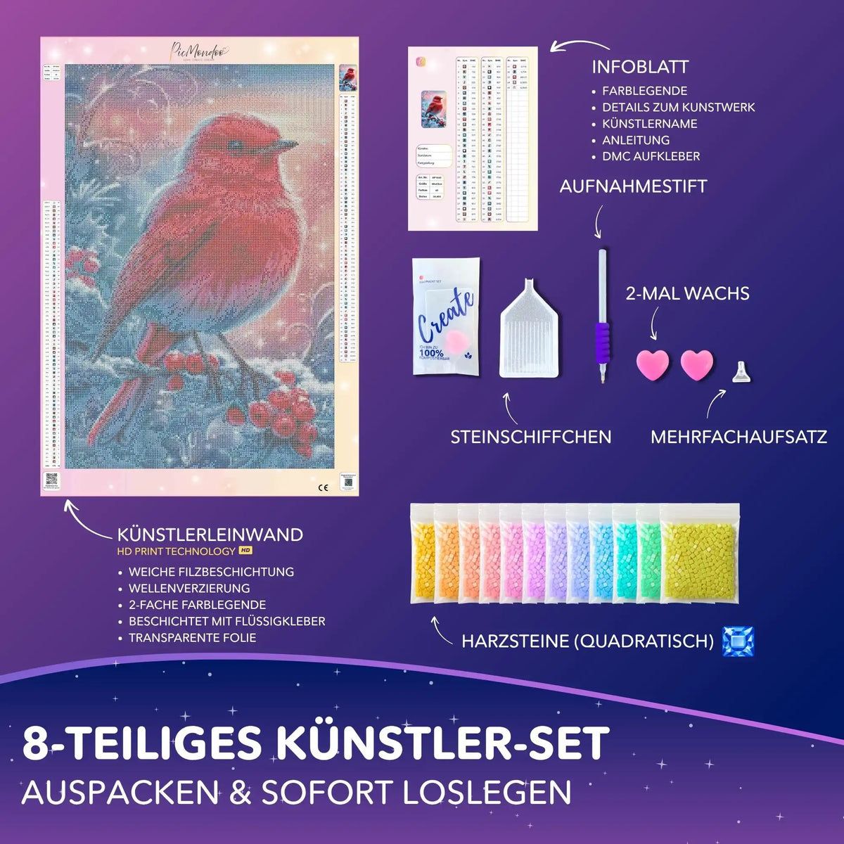 Diamond Painting Set mit rotem Vogel auf Leinwand, bunten eckigen Steinen und DIY-Werkzeug.
