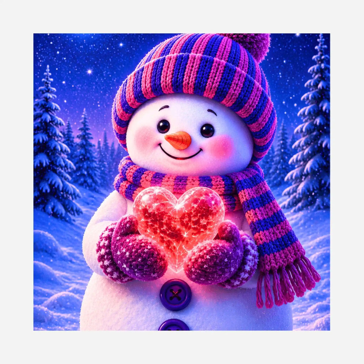 Diamond Painting Silikonpapier Winterherz: Schneemann mit leuchtendem Herz und Mütze im Schnee