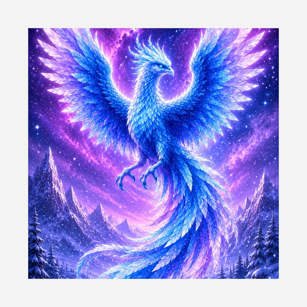 Blauer Winterphönix mit Eisflügeln über verschneiten Bergen – Diamond Painting Motiv von Picmondoo