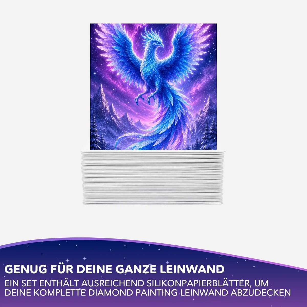 Picmondoo Silikonpapier-Set für Diamond Painting mit blauem Winterphönix und Trennpapier-Stapel