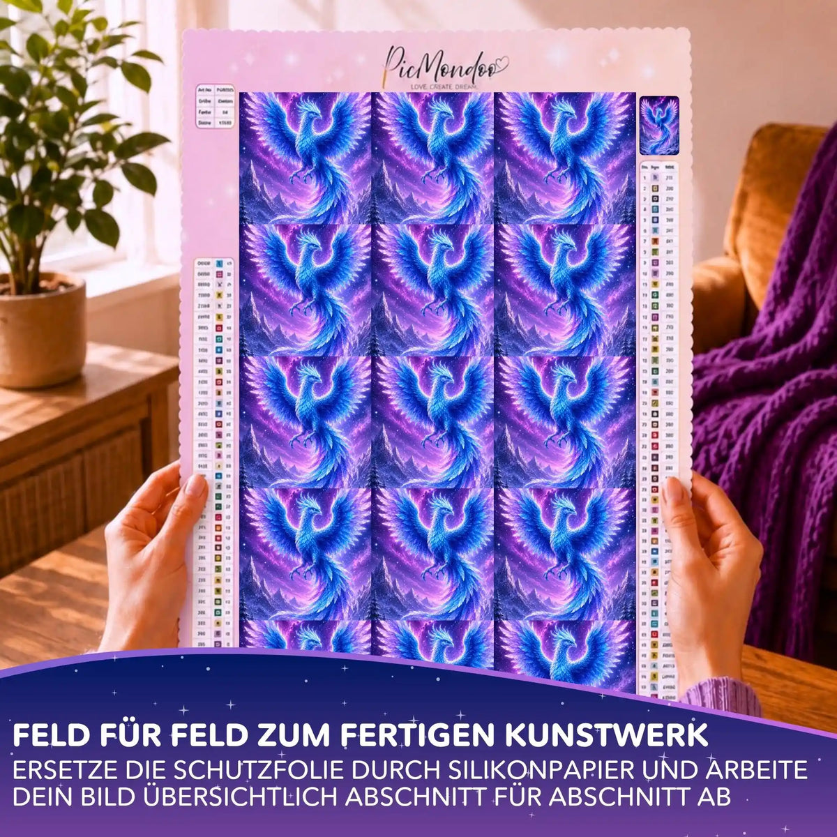 Diamond Painting Leinwand mit blauem Winterphönix Silikonpapier Set zur Einteilung in Abschnitte.